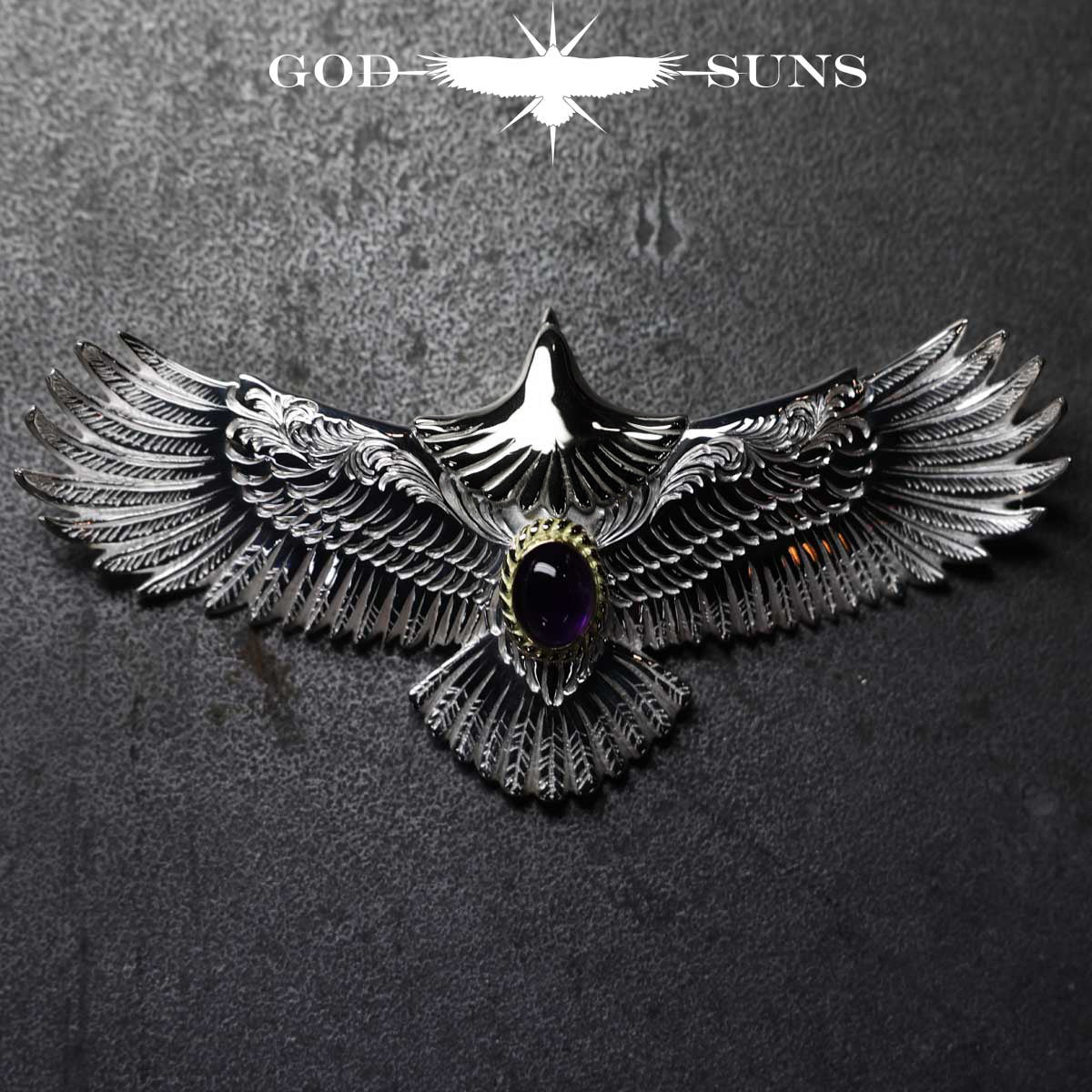 お正月限定アイテム 頭銀&金縄アメジスト大イーグル両面唐草彫り