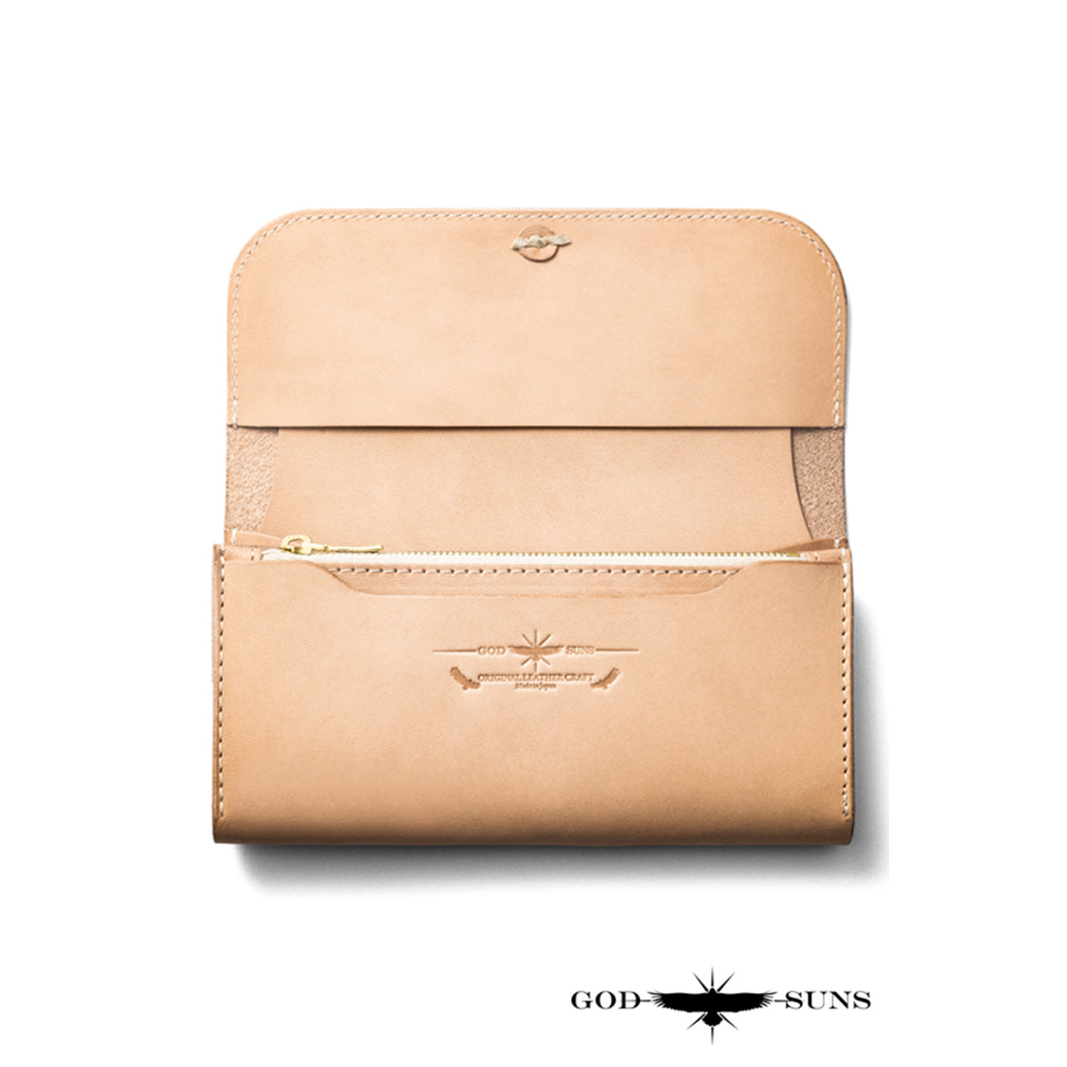 "Tochigi Leather" Middle Wallet, Machine Stitched, Comes with K18 Solid Wood Original Coin Concho - K18 Solid Wood Zipper & Bead Set, Top-of-the-line Model - Natural Color