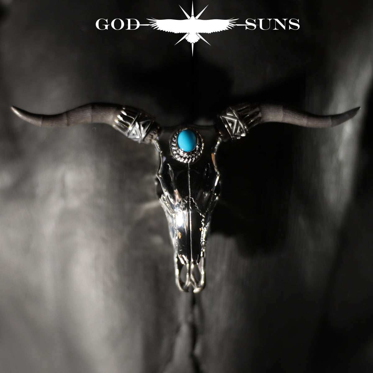 ロングホーンスカルペンダント銀縄TQ ~SV角タイプ×SV角パーツ(バンダナ)付き~ 大