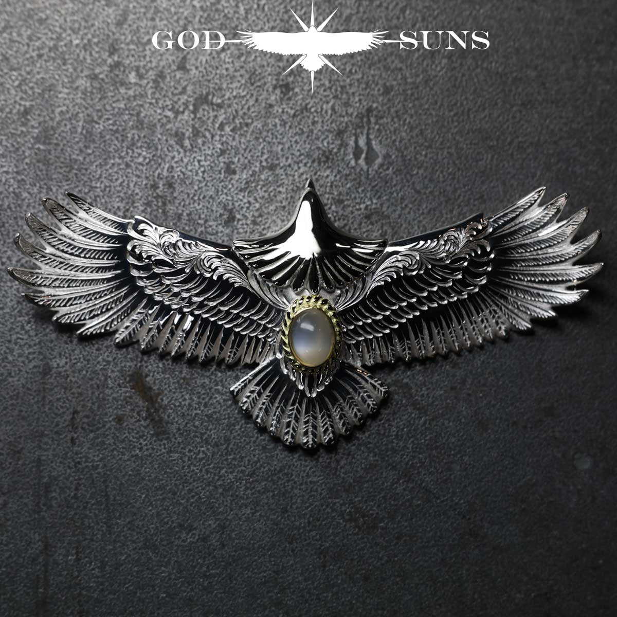 お正月限定アイテム 頭銀&金縄ムーンストーン大イーグル両面唐草彫り