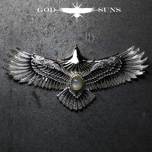 お正月限定アイテム 頭銀&金縄ムーンストーン大イーグル両面唐草彫り