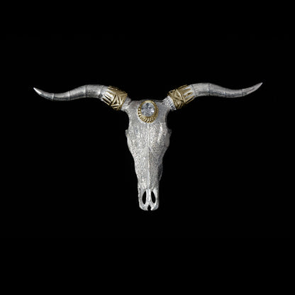 ロングホーンスカルペンダント大金縄"ラボグラウンダイヤモンド"〜SV角×K18角パーツ(バンダナ)付き ダイヤモンド-ダスト加工〜