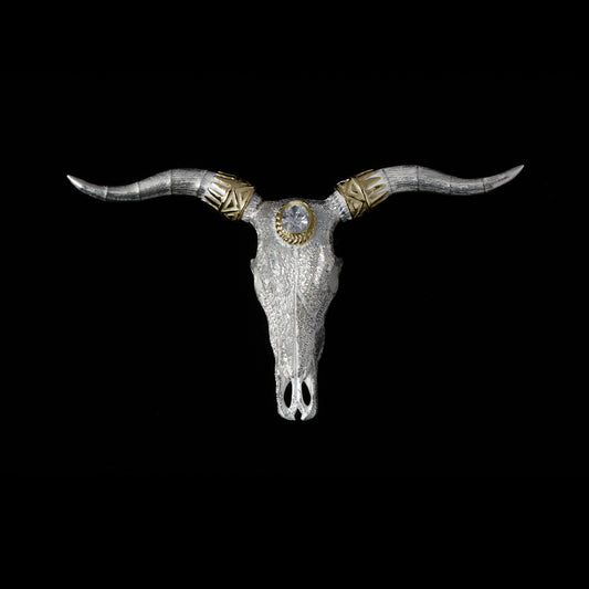 ロングホーンスカルペンダント大金縄"ラボグラウンダイヤモンド"〜SV角×K18角パーツ(バンダナ)付き ダイヤモンド-ダスト加工〜