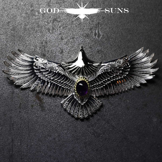 お正月限定アイテム 頭銀&金縄アメジスト大イーグル両面唐草彫り