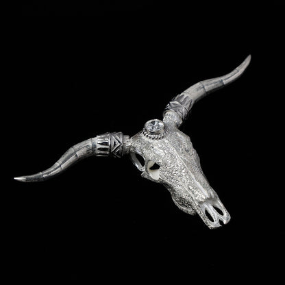 ロングホーンスカルペンダント大プラチナ縄"ラボグラウンダイヤモンド"〜SV角×プラチナ角パーツ(バンダナ)付き ダイヤモンド-ダスト加工〜